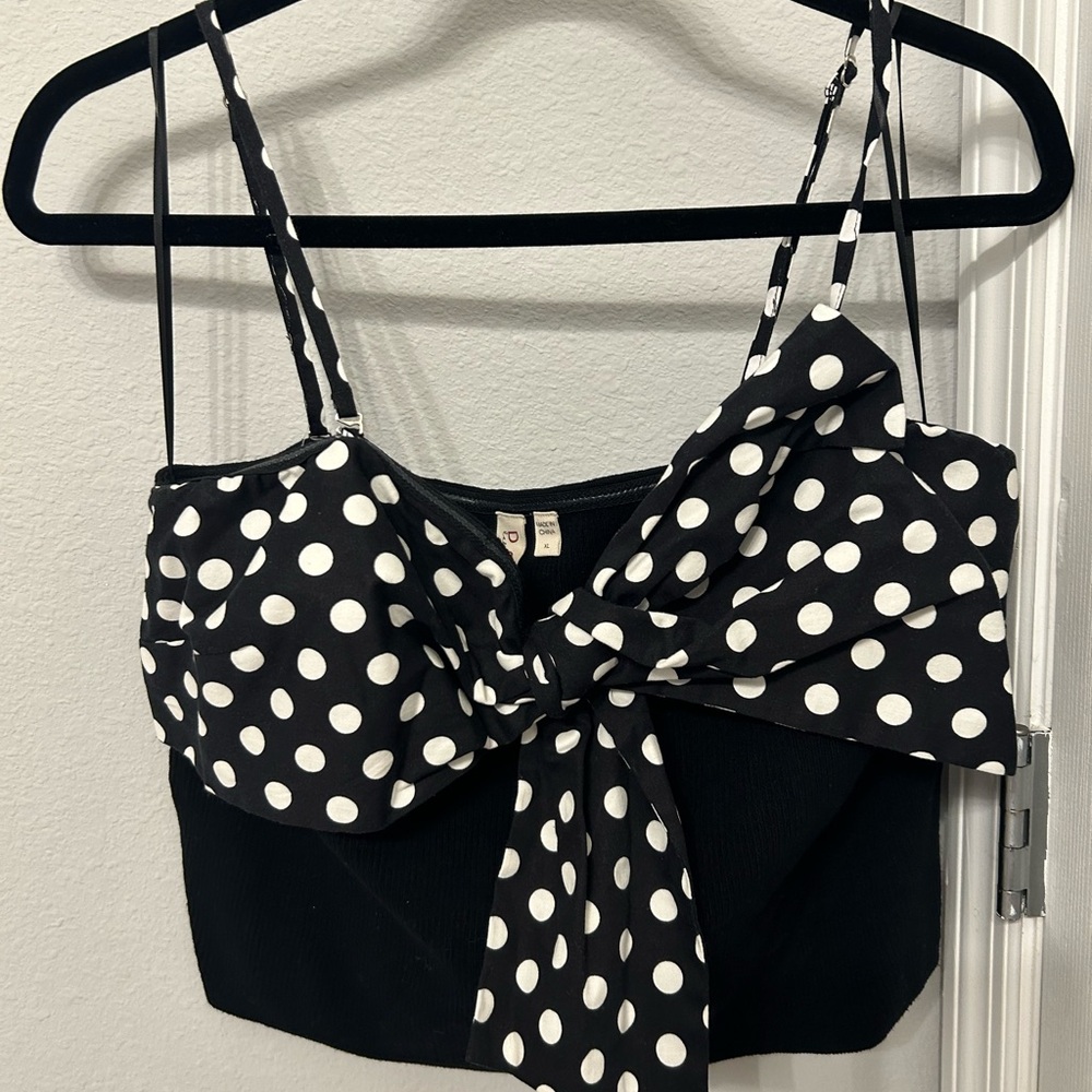DOLAN Anthropologie NEW Black & White Cropped Polka Dot Bow Sweater Tank XL